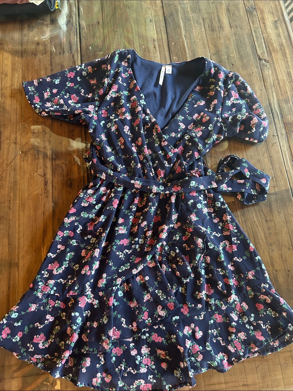 Navy Floral Wrap Dress with Pink Accent - Women's Casual